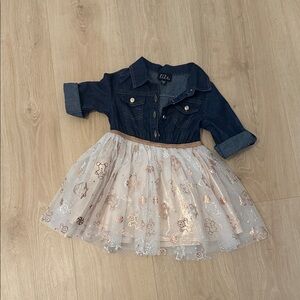 Denim and Tulle Dress with Gingerbread Print